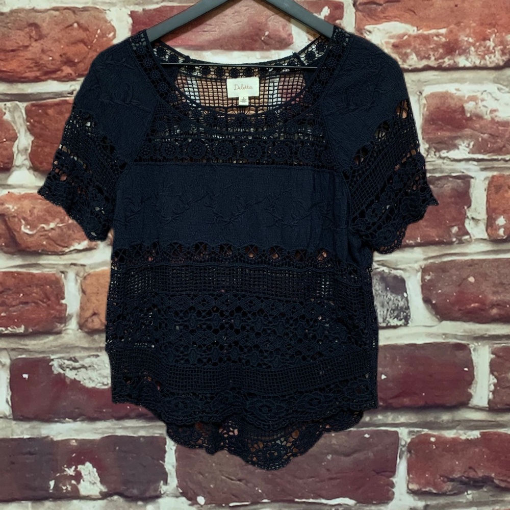 ANTHROPOLOGIE DELETTA BLACK LACE CROCHET BLOUSE